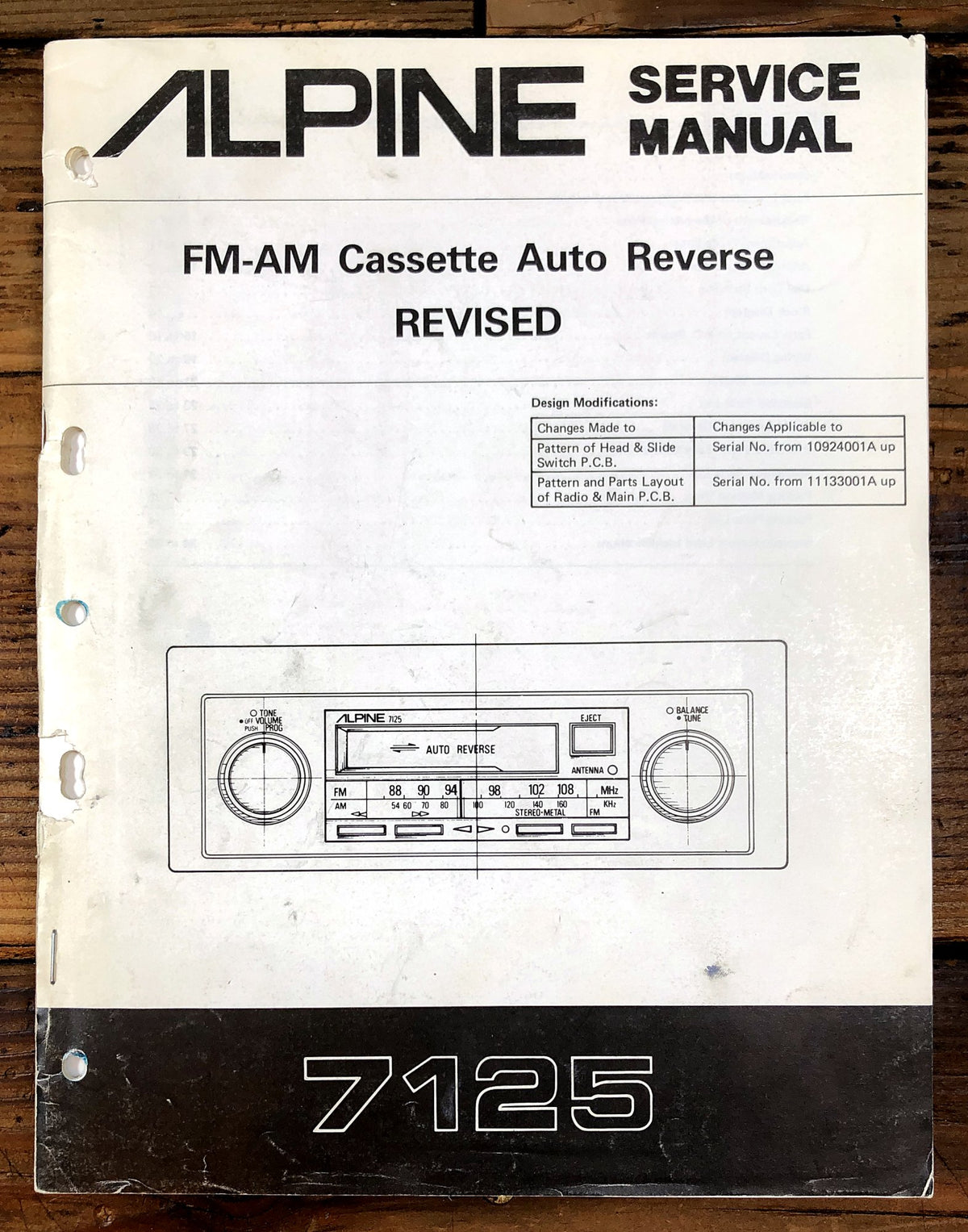 Alpine 7125 FM-AM Cassette Auto Reverse Service Manual *Original*
