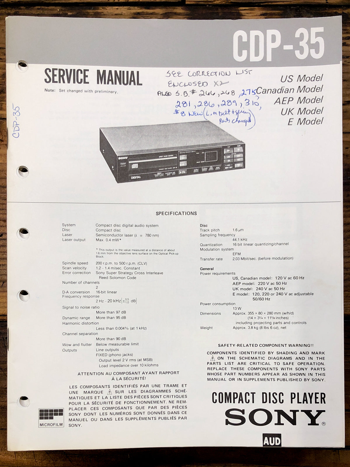 Sony CDP-35 CD Player Service Manual *Original*