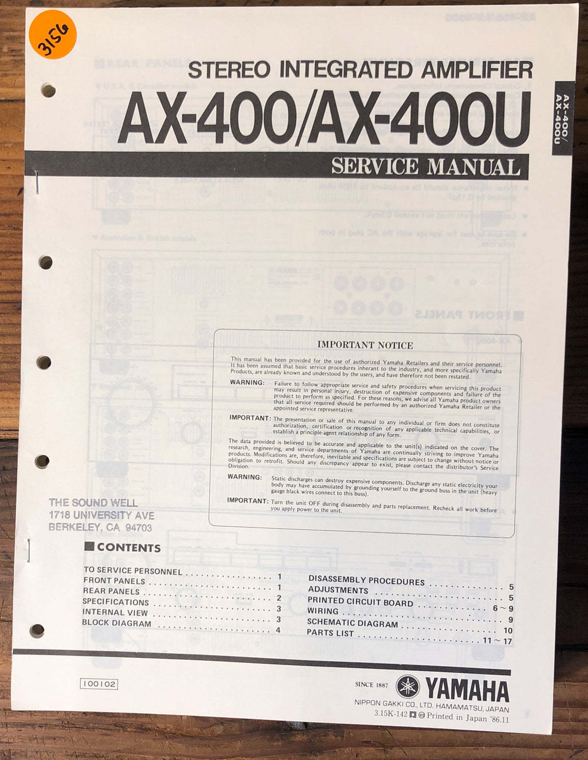 Yamaha AX-400 AX-400U Amplifier Service Manual *Original*