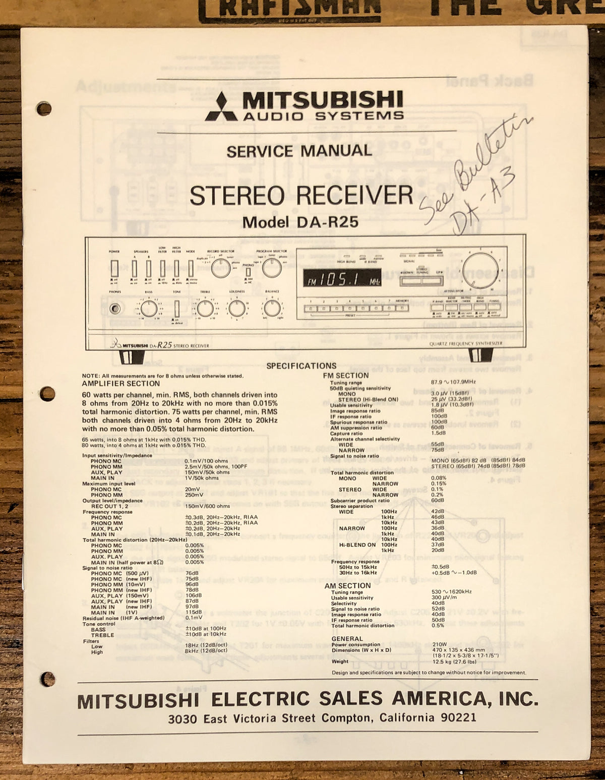 Mitsubishi DA-R25 Receiver Service Manual *Original*