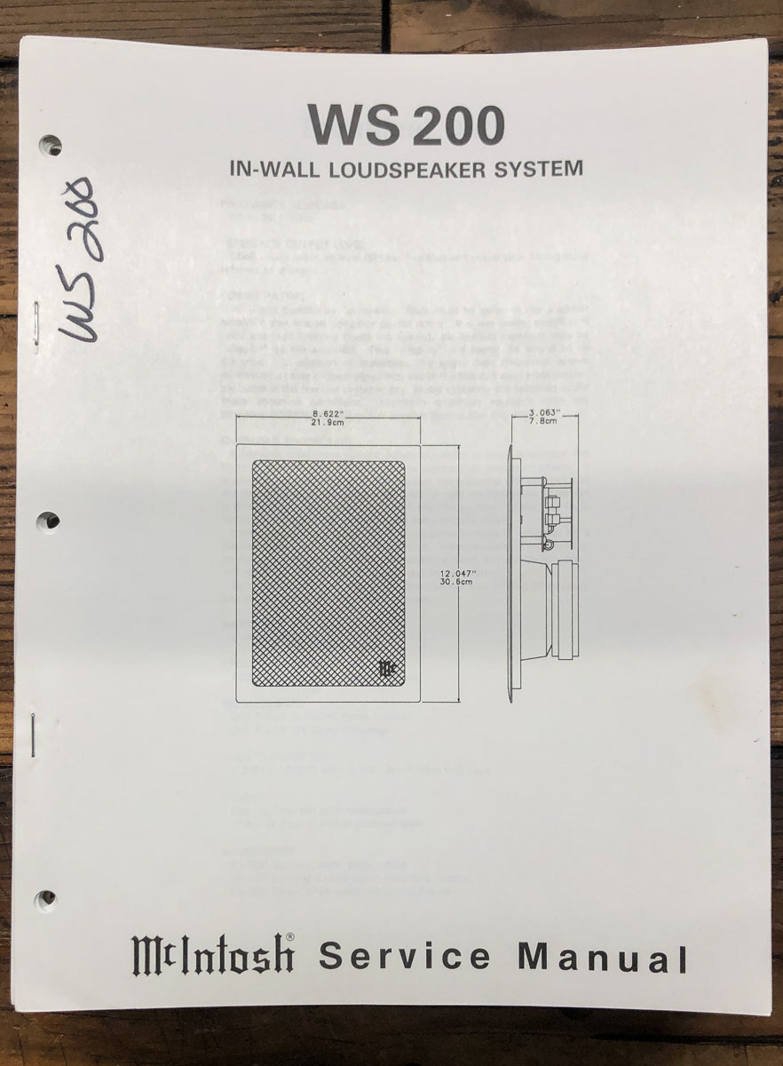 McIntosh WS200 WS-200 Speaker Service Manual *Original*