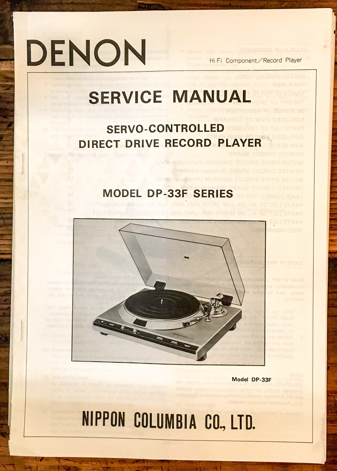 Denon DP-33F Record Player / Turntable Service Manual *Original*