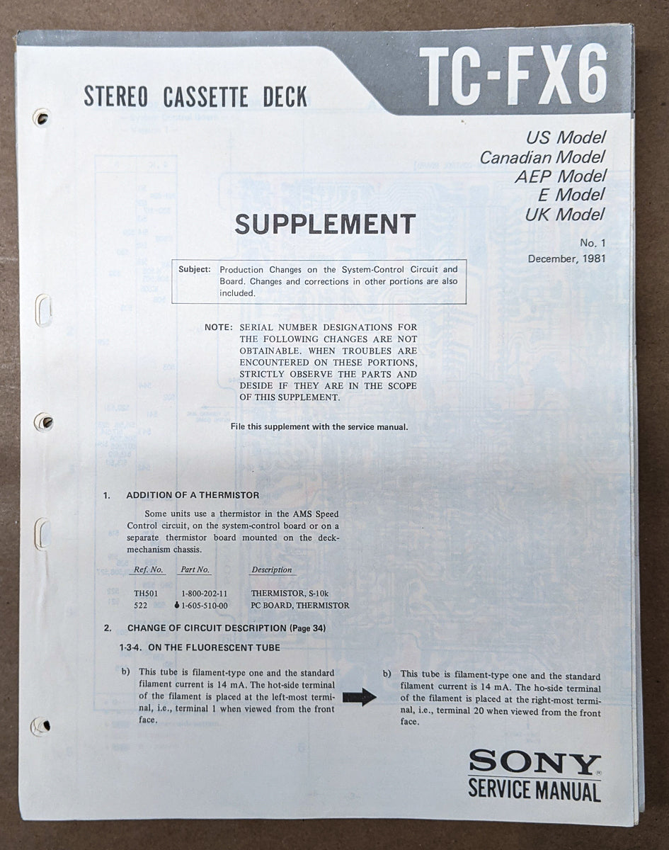 Sony TC-FX6 Cassette Service Manual Supplement *Original*