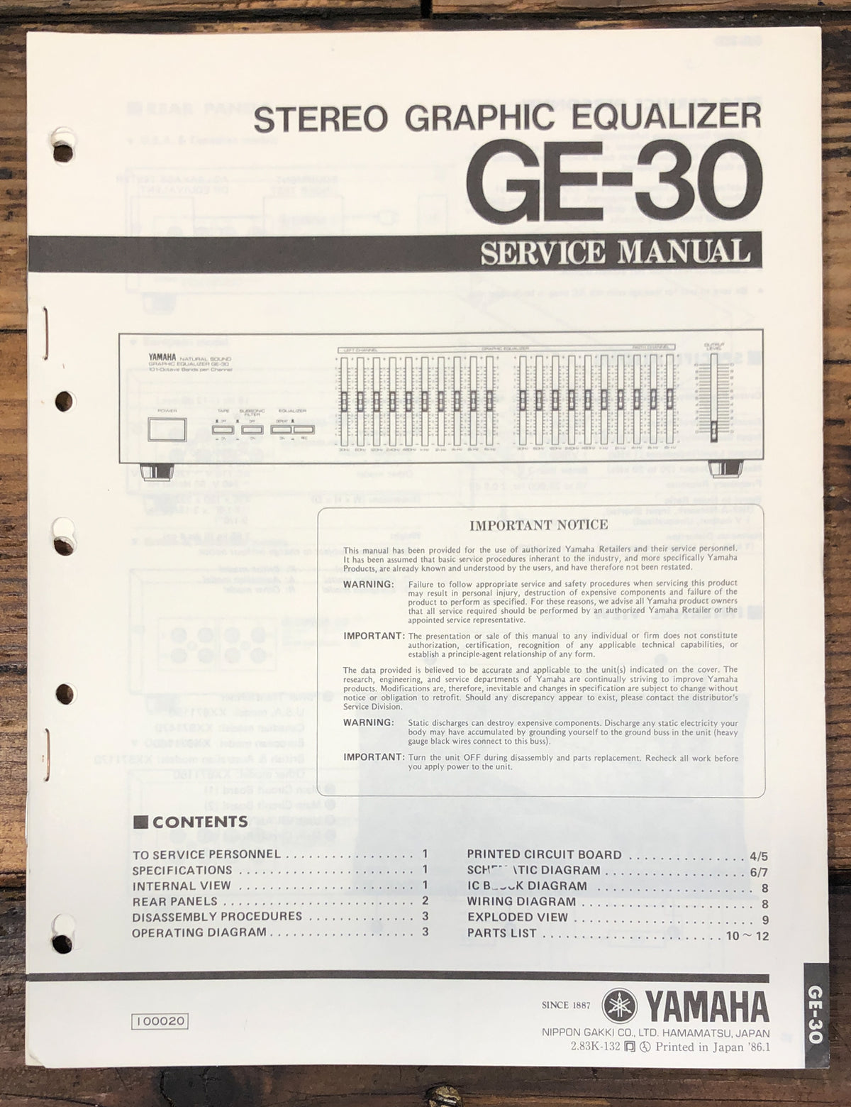 Yamaha GE-30 Graphic Equalizer Service Manual *Original*