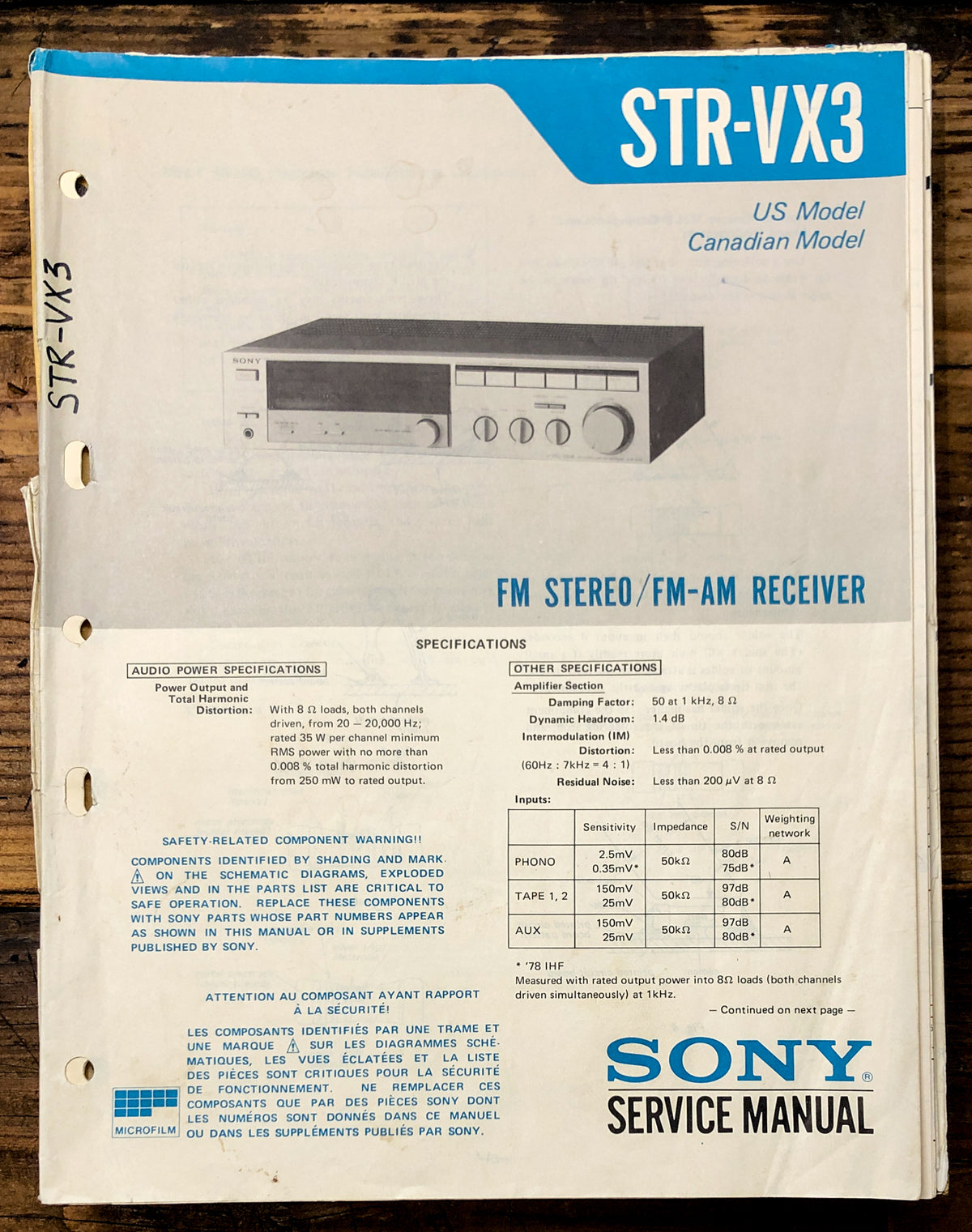 Sony STR-VX3 Receiver Service Manual *Original*