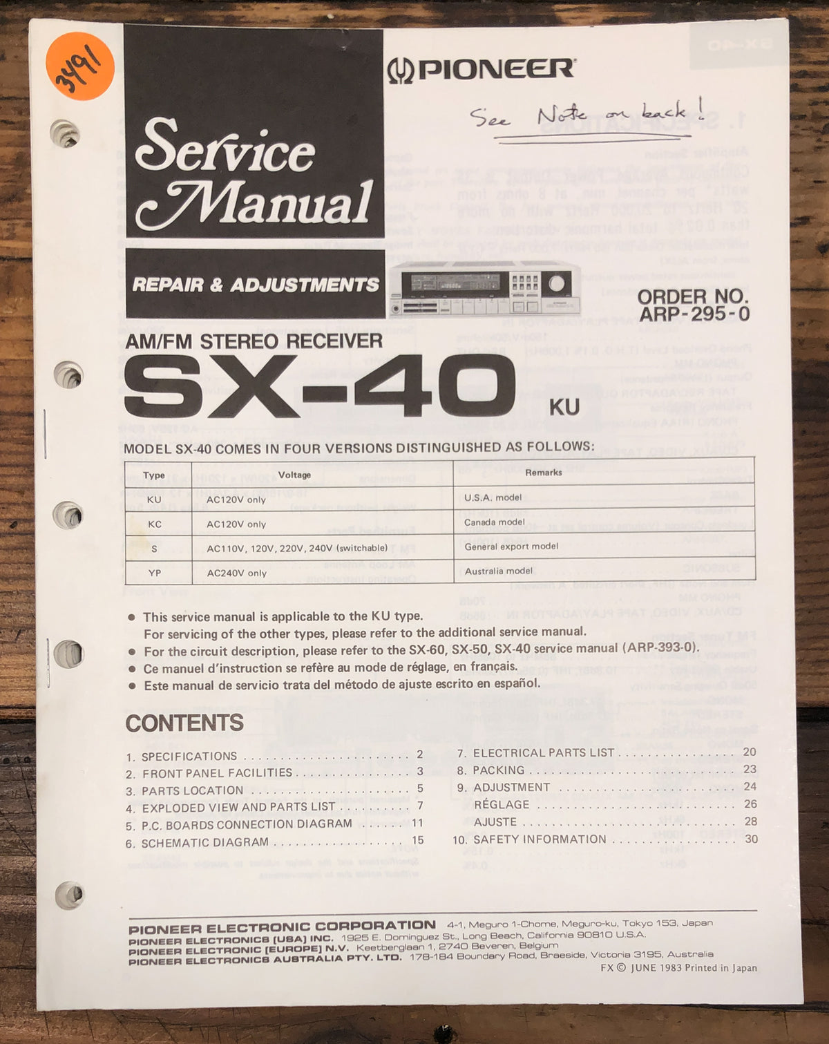 Pioneer SX-40 Receiver Service Manual *Original*