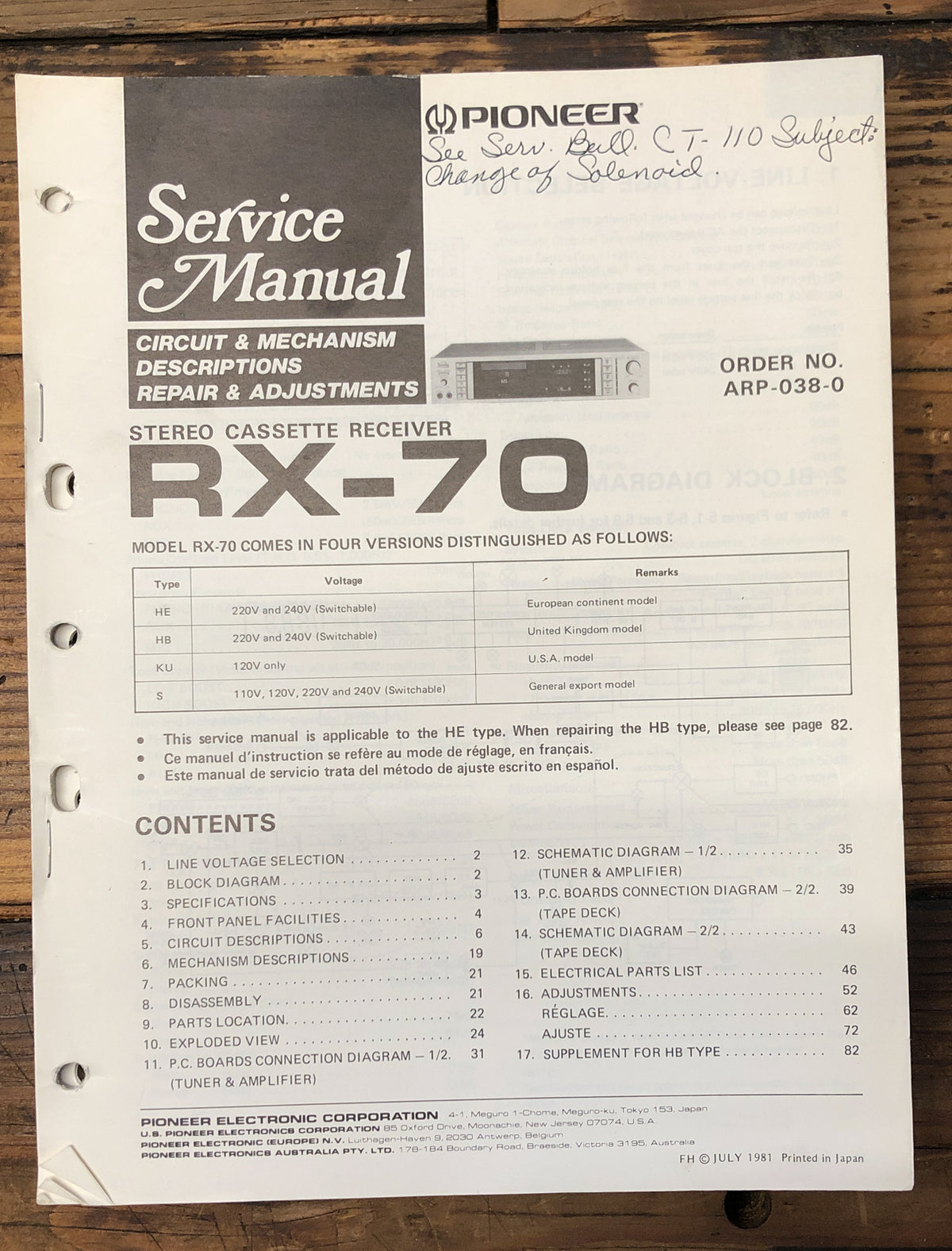 Pioneer RX-70 Receiver Service Manual *Original*