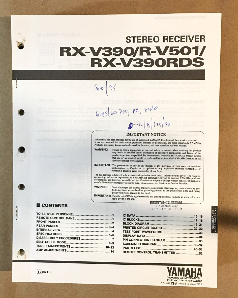 Yamaha RX-V390 RDS R-V501 Receiver Service Manual *Original*