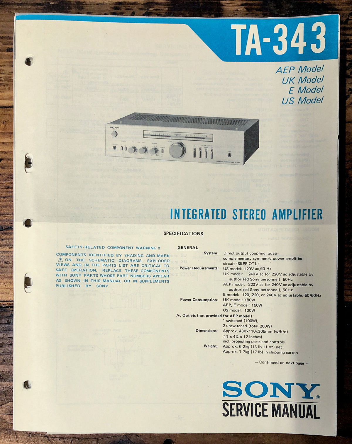 Sony TA-343 Amplifier Service Manual *Original*