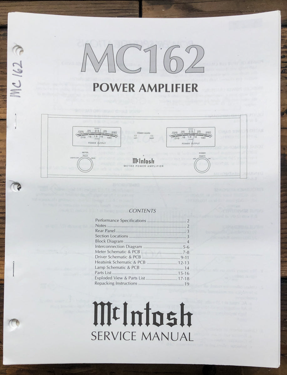 McIntosh MC162 MC-162 Amplifier Service Manual *Original*