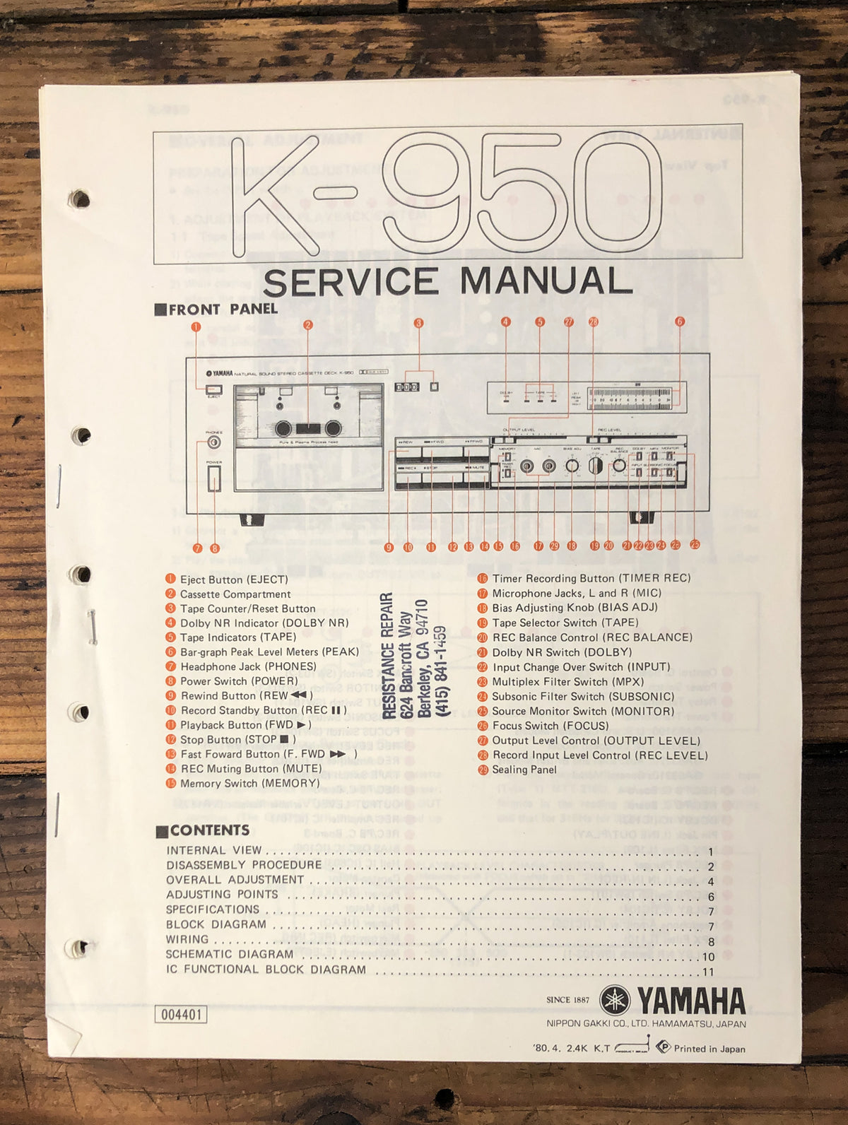 Yamaha K-950 Cassette Service Manual *Original*