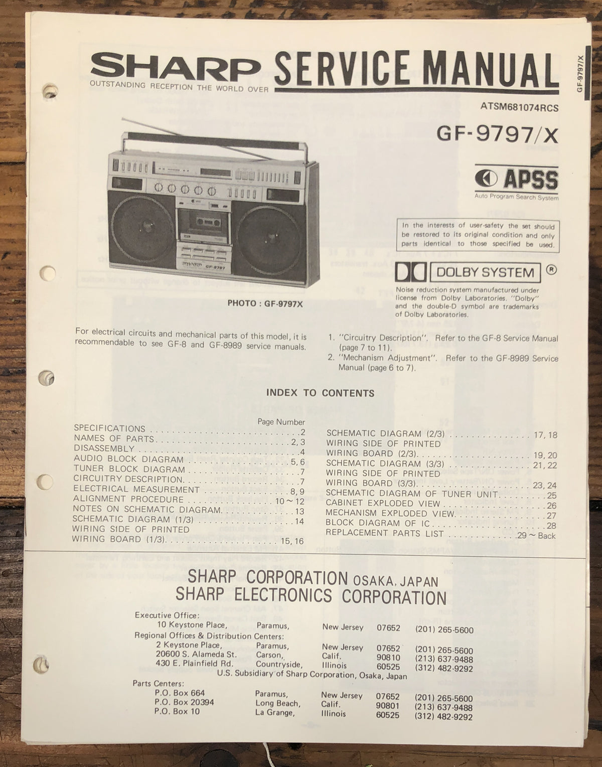 Sharp GF-9797 GF-9797X Boombox / Stereo Service Manual *Original*