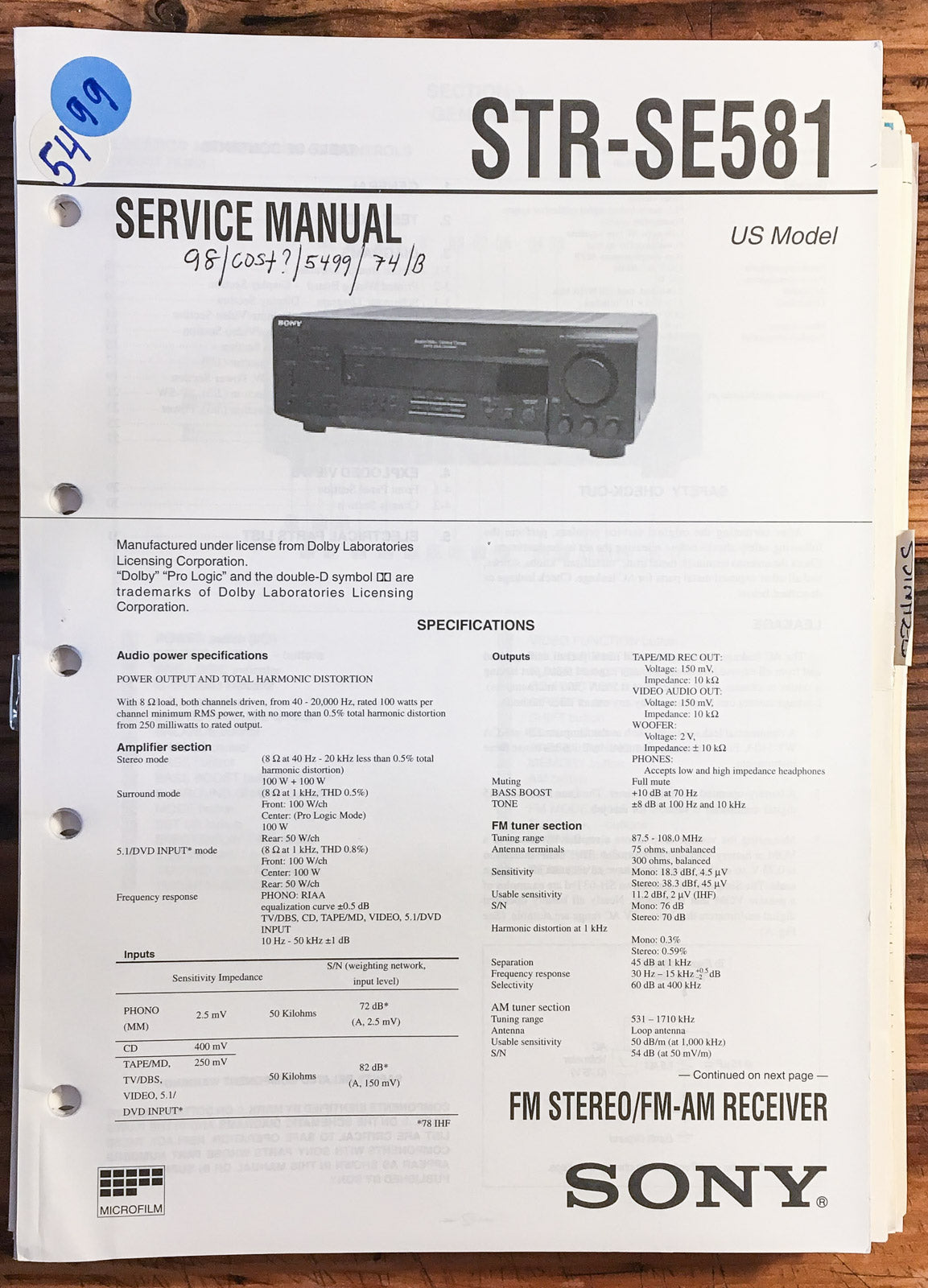 Sony STR-SE581 Receiver Service Manual *Original*