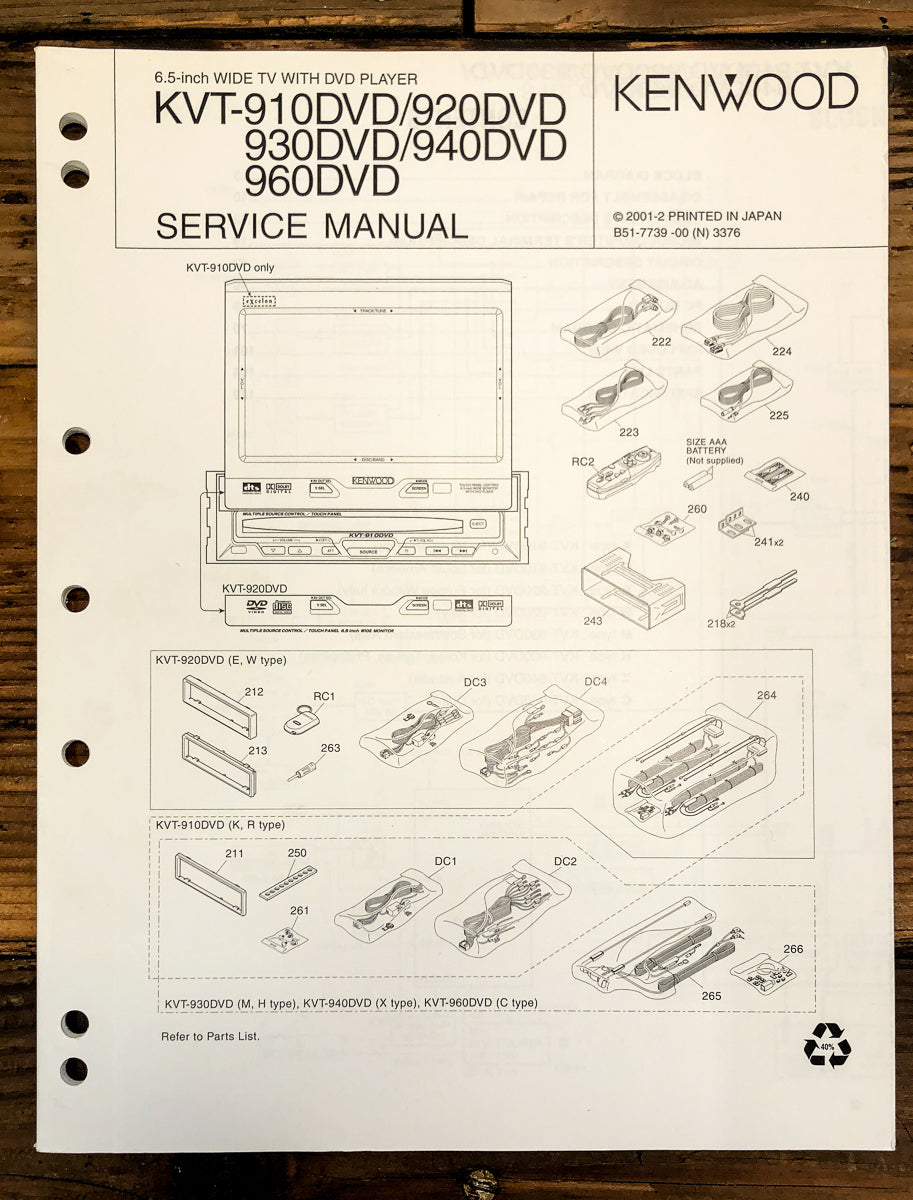 Kenwood KVT-910 -920 -930 -940 -960 DVD Player Service Manual *Original*