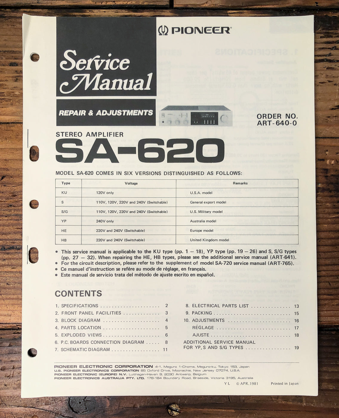 Pioneer SA-620 Amplifier Service Manual *Original*