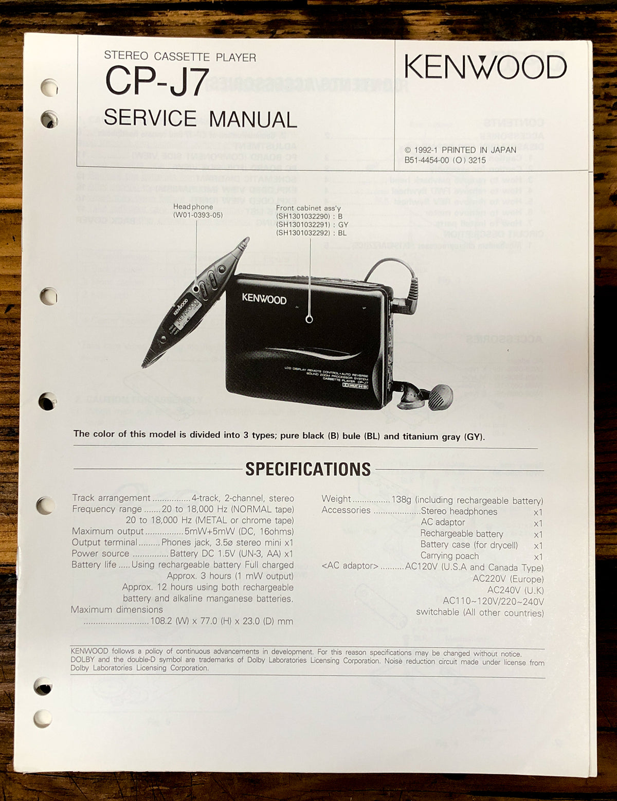 Kenwood CP-J7 Cassette Service Manual *Original*