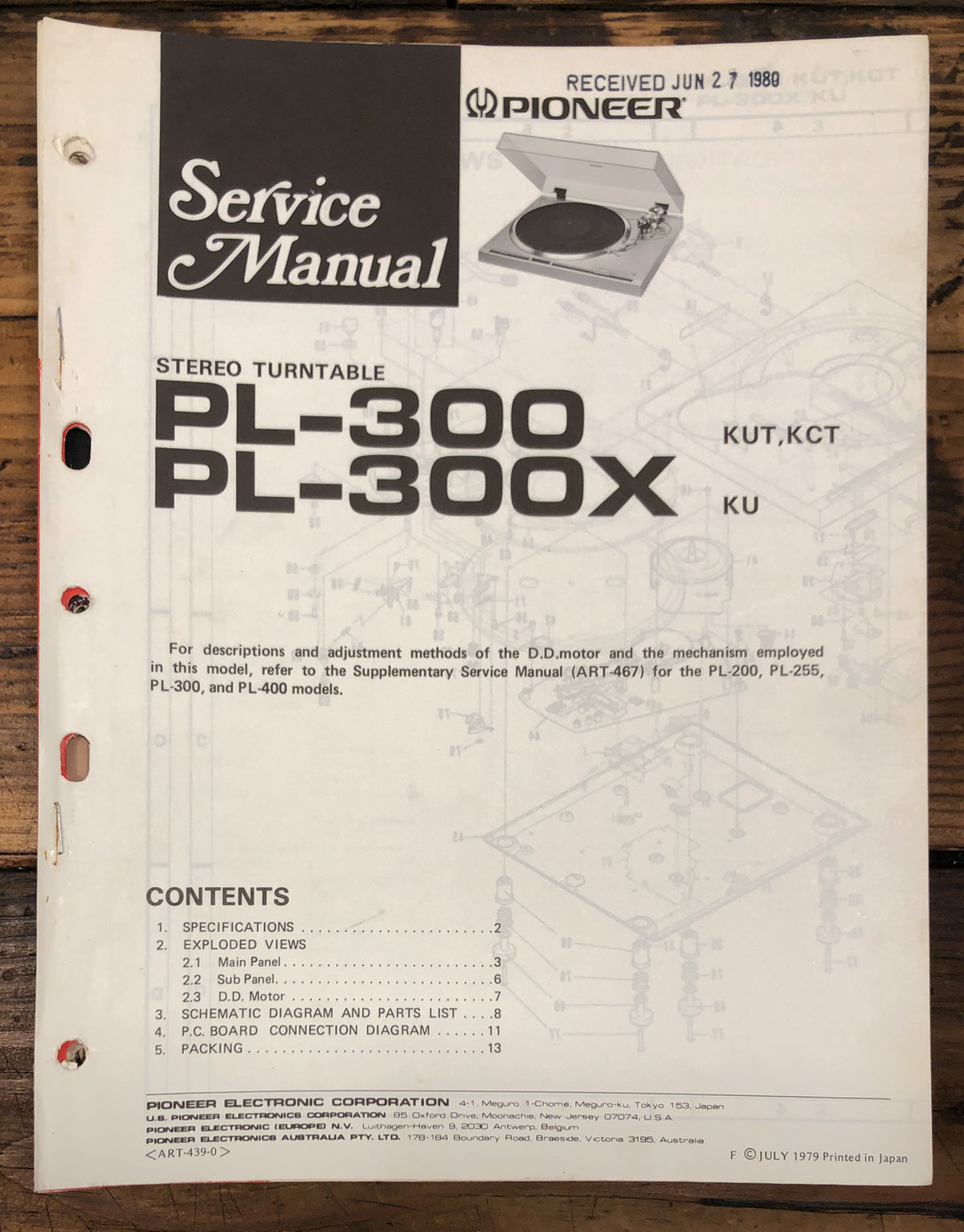 Pioneer PL-300 PL-300X Record Player / Turntable Service Manual *Original*