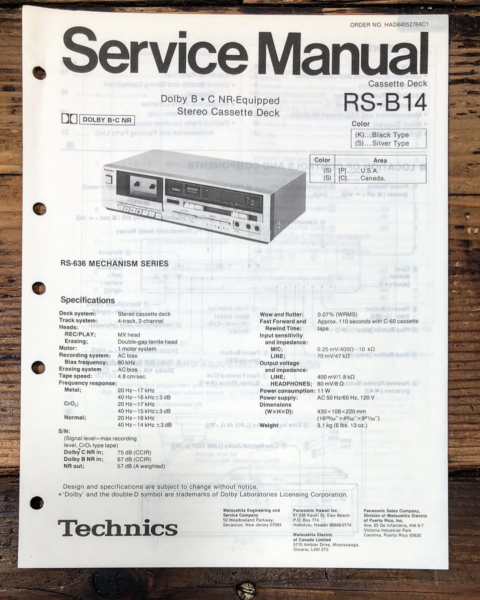 Technics RS-B14 Cassette Service Manual *Original*