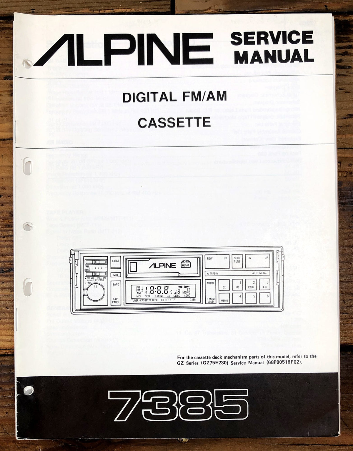 Alpine 7385 Digital FM/AM Cassette Service Manual *Original*