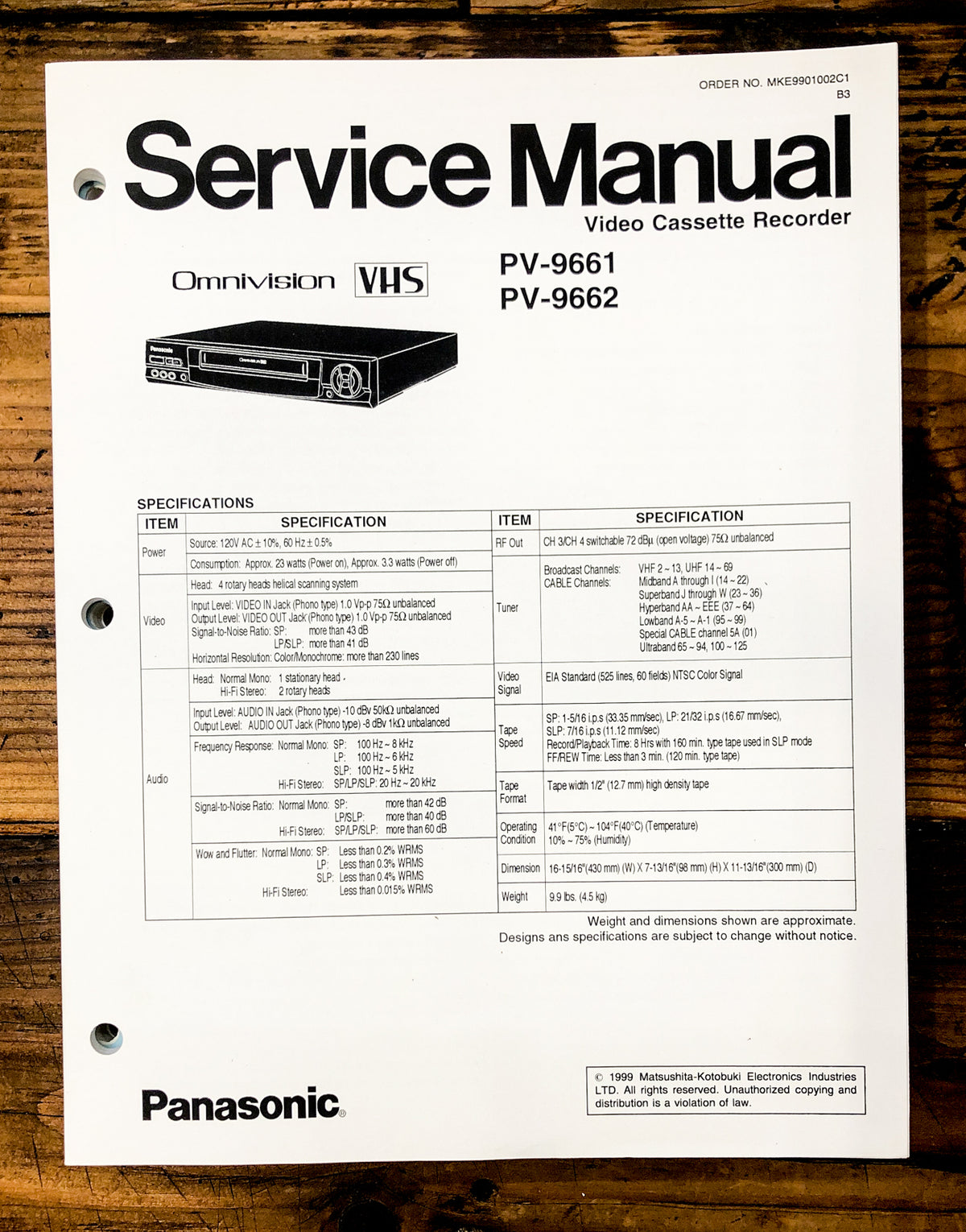 Panasonic PV-9661 PV-9662 VCR Service Manual *Original*