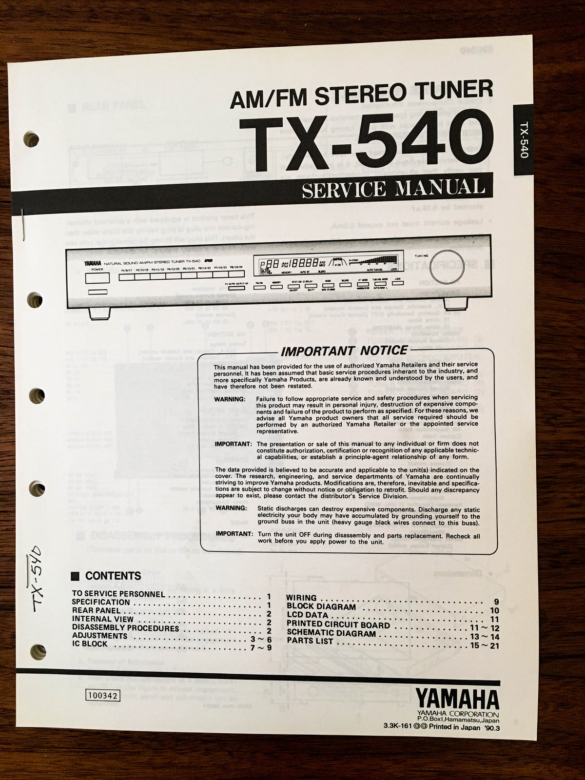 Yamaha TX-540 TUNER Service Manual *Original*