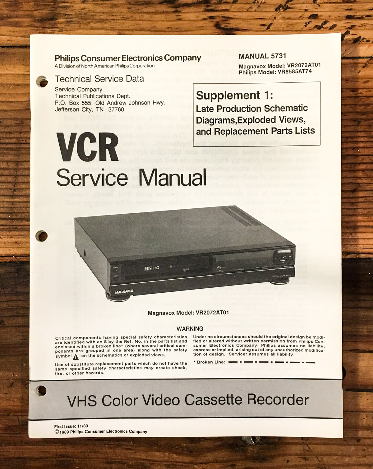 NAP Philips VR2072 VR6585 VCR Service Manual Supp. *Original*