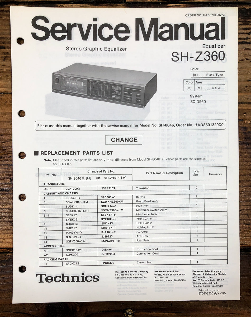 Technics SH-Z360 Equalizer Service Manual *Original*