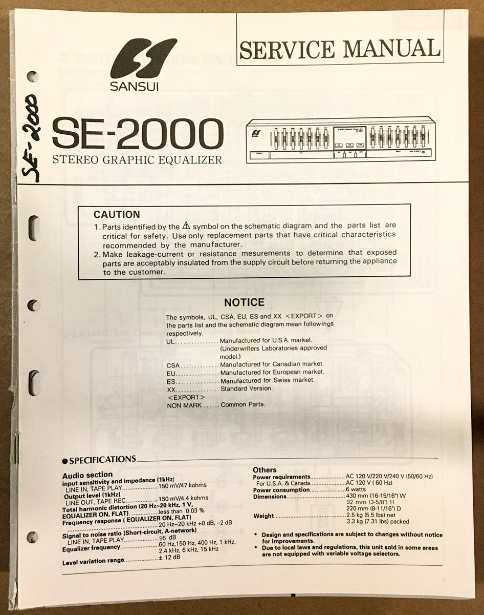Sansui SE-2000 Equalizer Service Manual *Original*