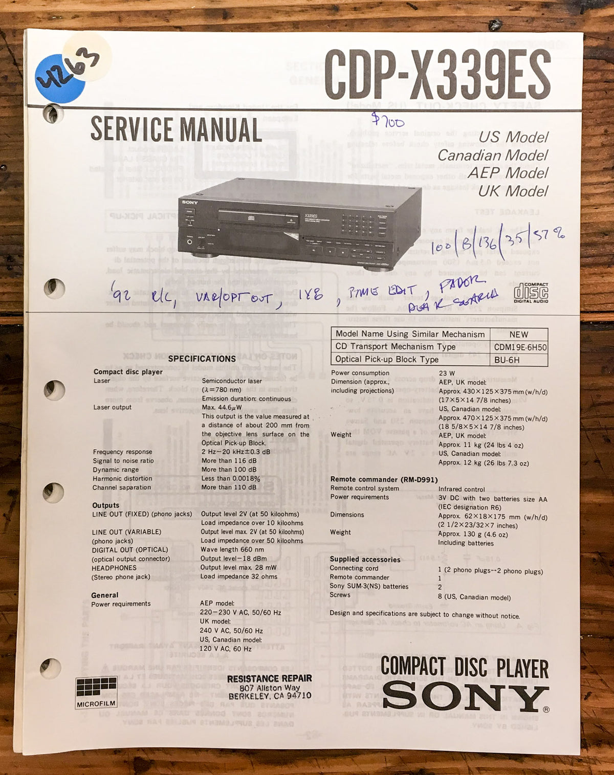 Sony CDP-X339ES CD Player Service Manual *Original*