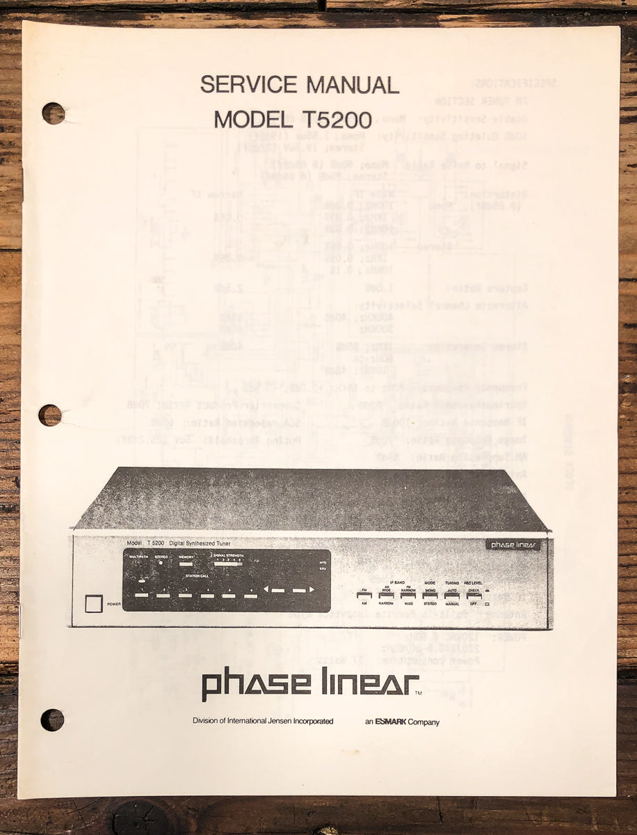 Phase Linear Model T5200 T-5200 Tuner Service Manual *Original*
