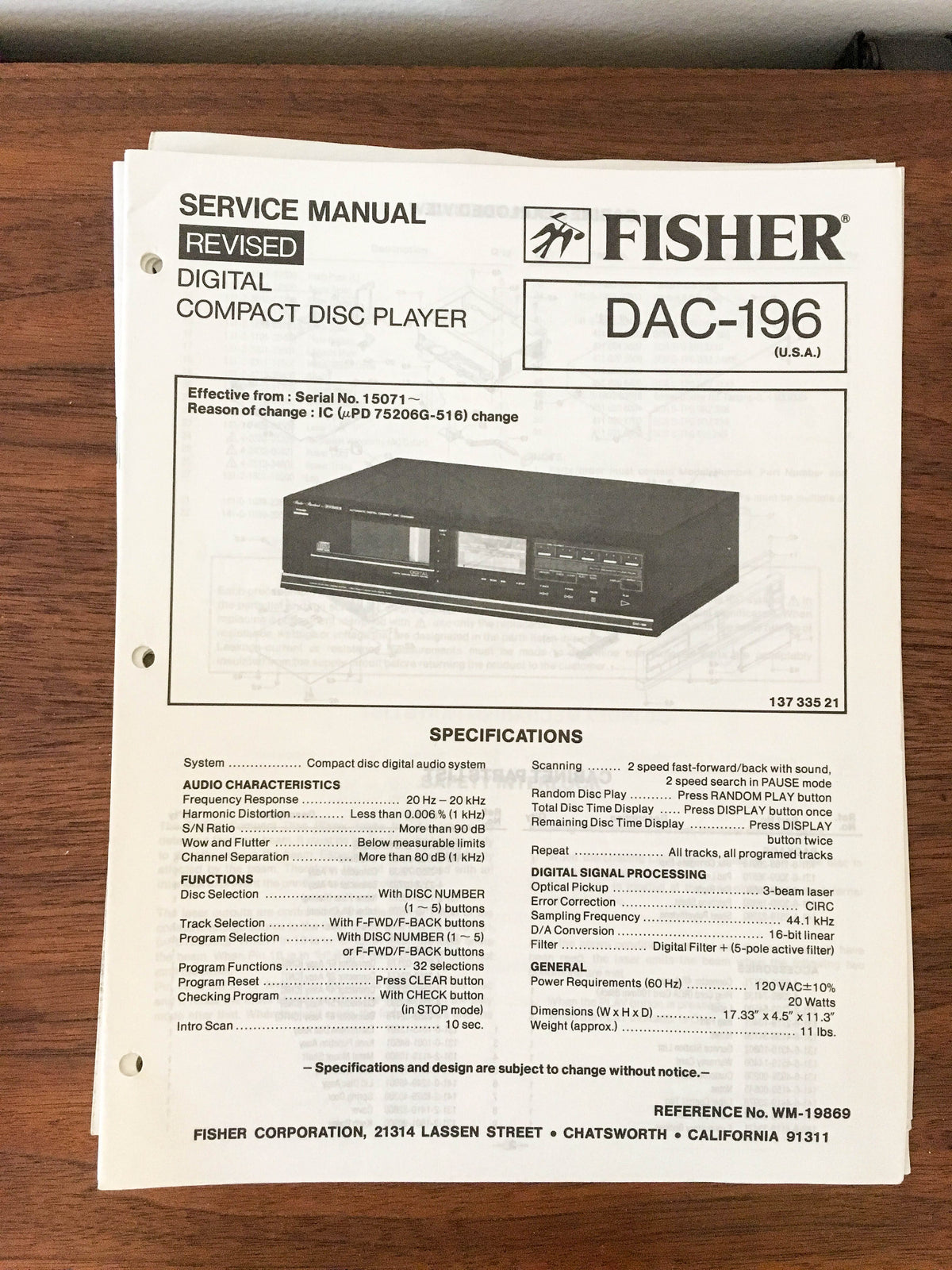 Fisher DAC-196 CD Player Service Manual *Original*