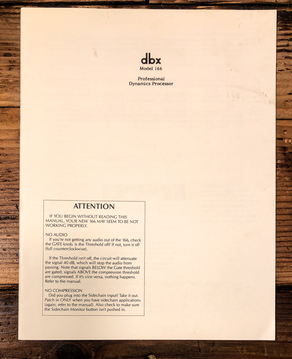DBX Model 166 Dynamics Processor Owners / User Manual *Original*