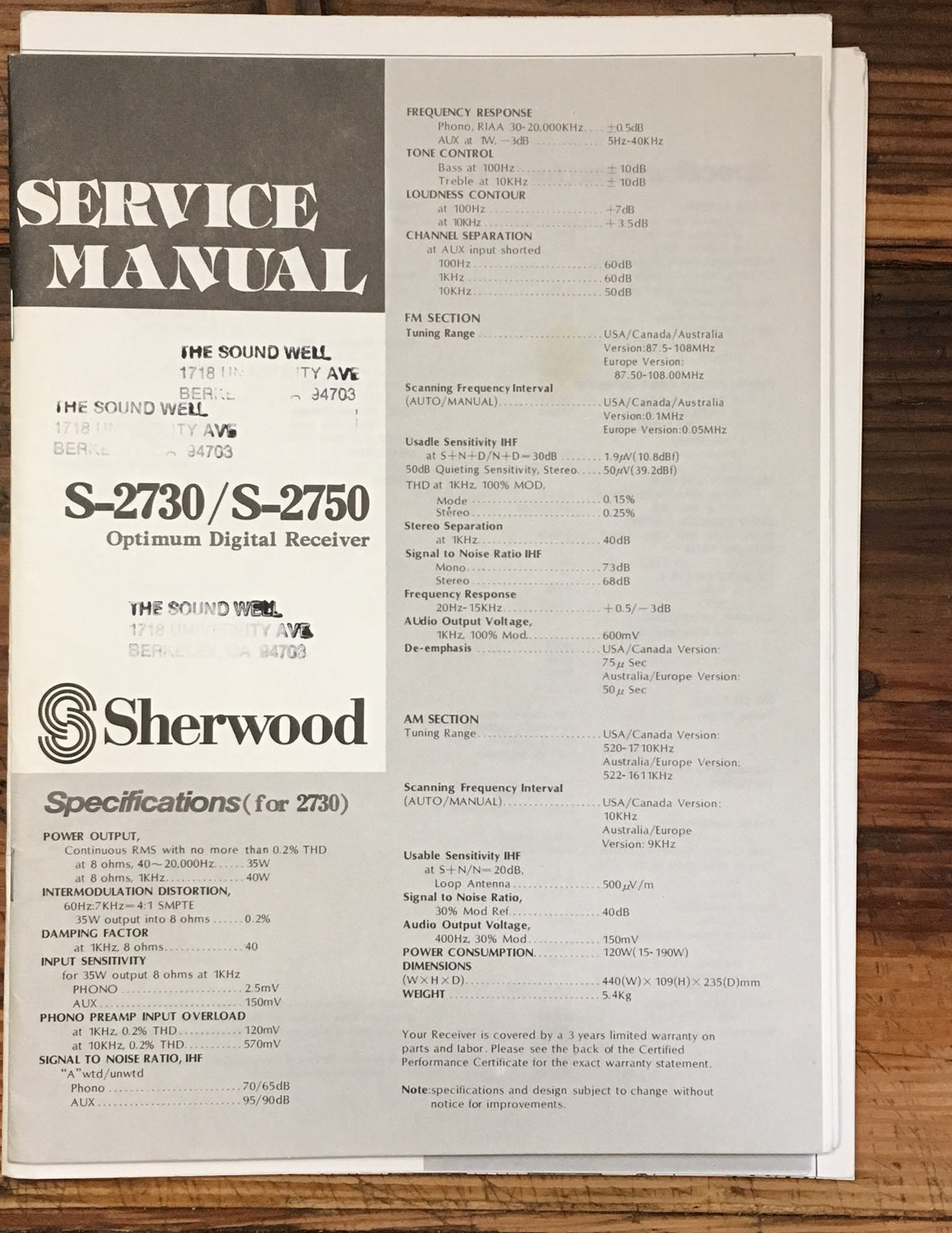 Sherwood S-2730 S-2750 Receiver Service Manual *Original*