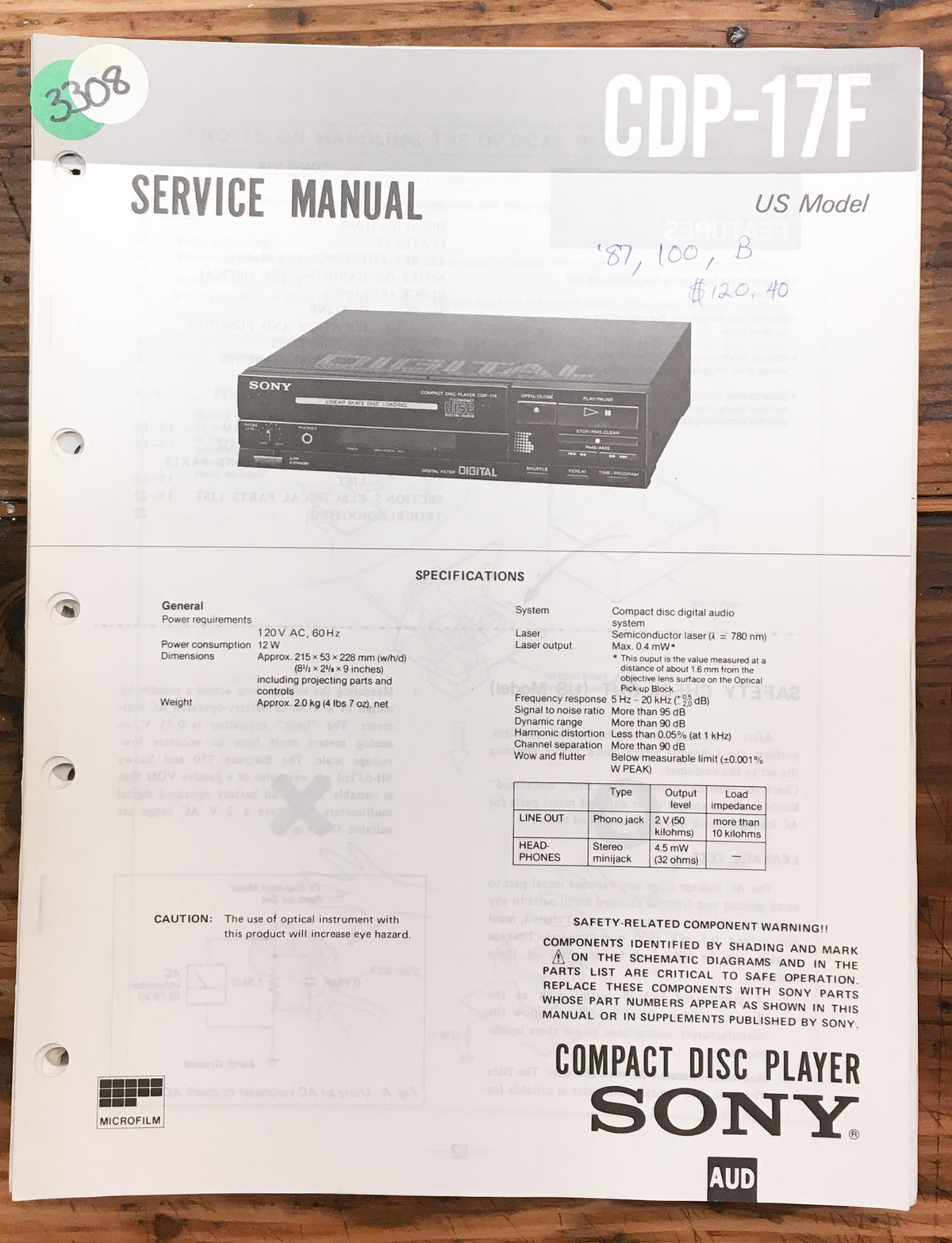 Sony CDP-17F CD Player Service Manual *Original*