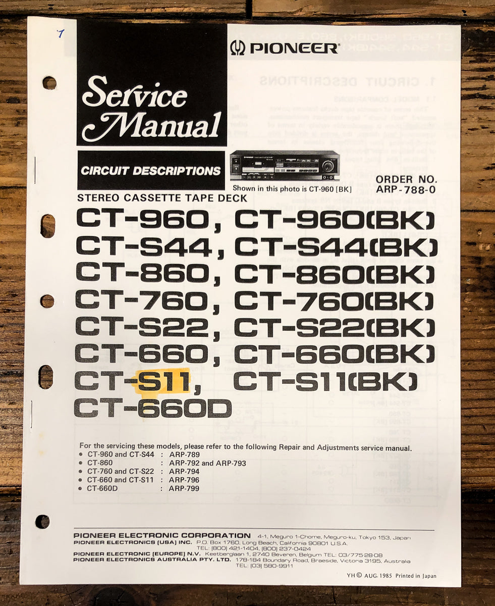 Pioneer CT-S11 -S22 -960 -860 -760 Cassette Service Manual *Original*