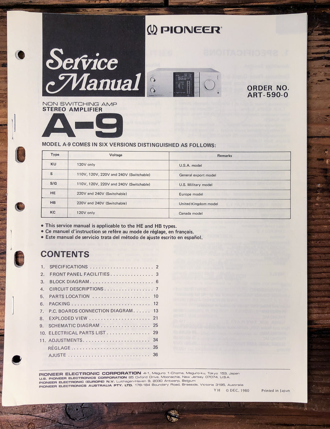 Pioneer A-9 Amplifier Service Manual *Original*