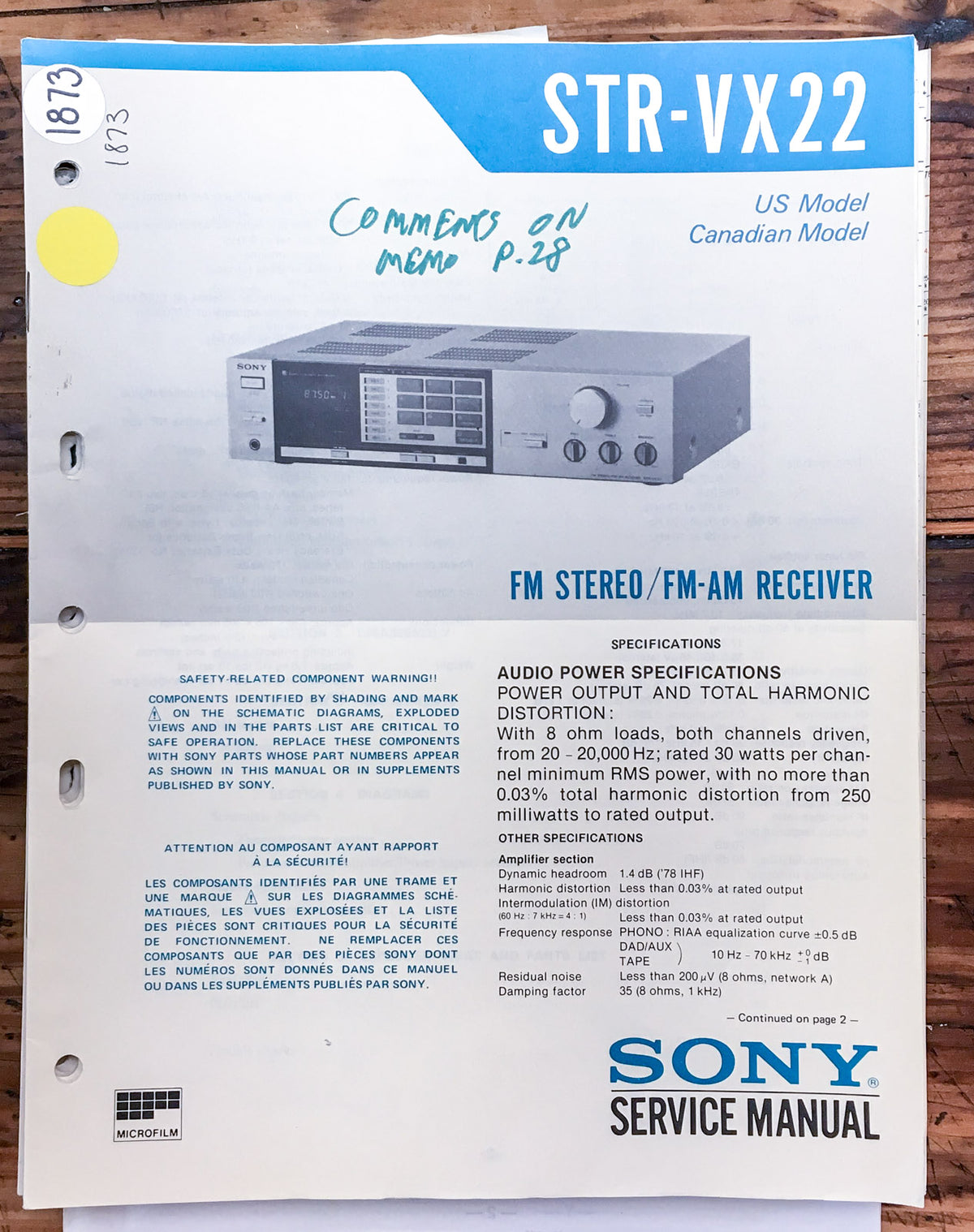 Sony STR-VX22 Receiver Service Manual *Original*