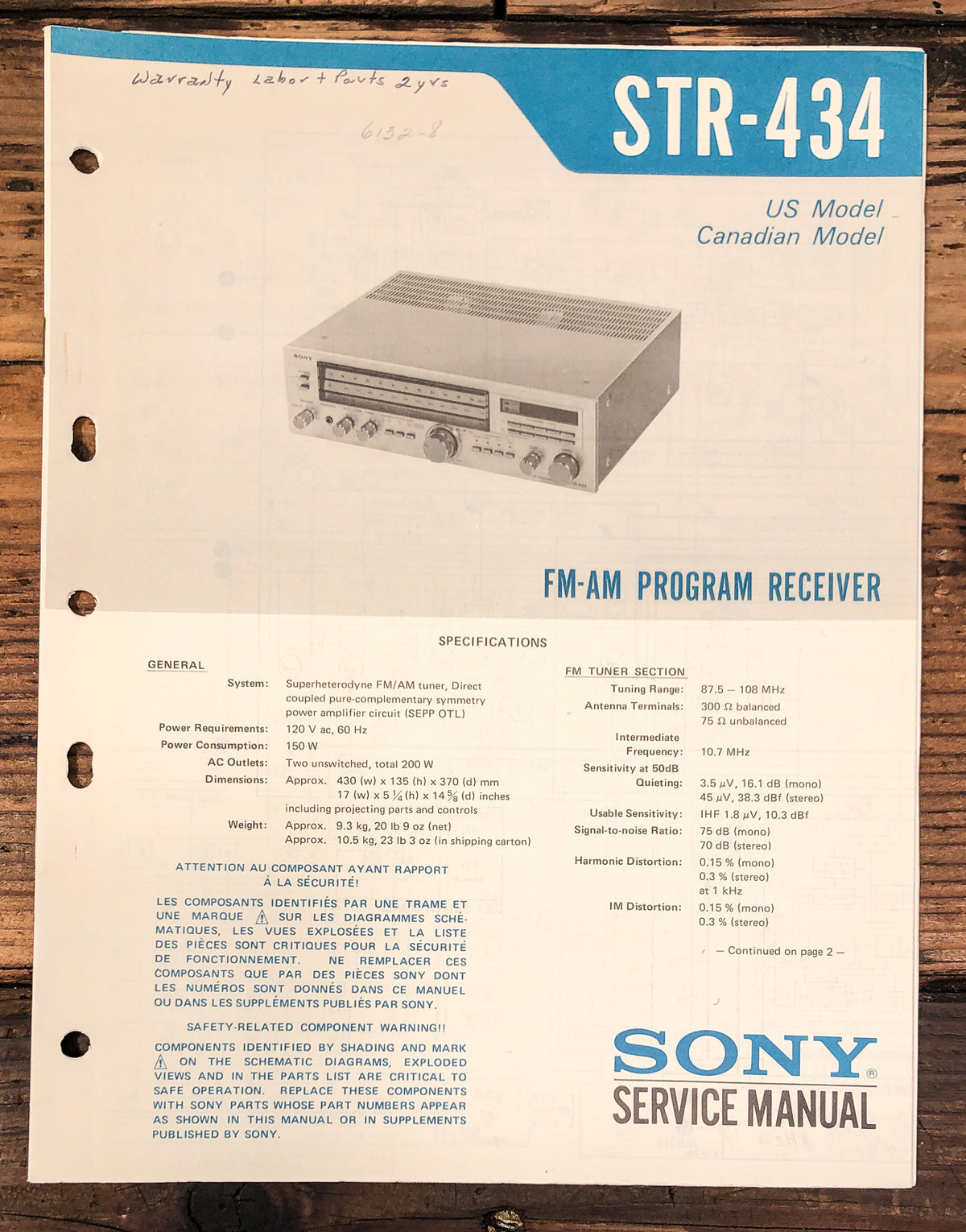 Sony STR-434 Receiver Service Manual *Original*