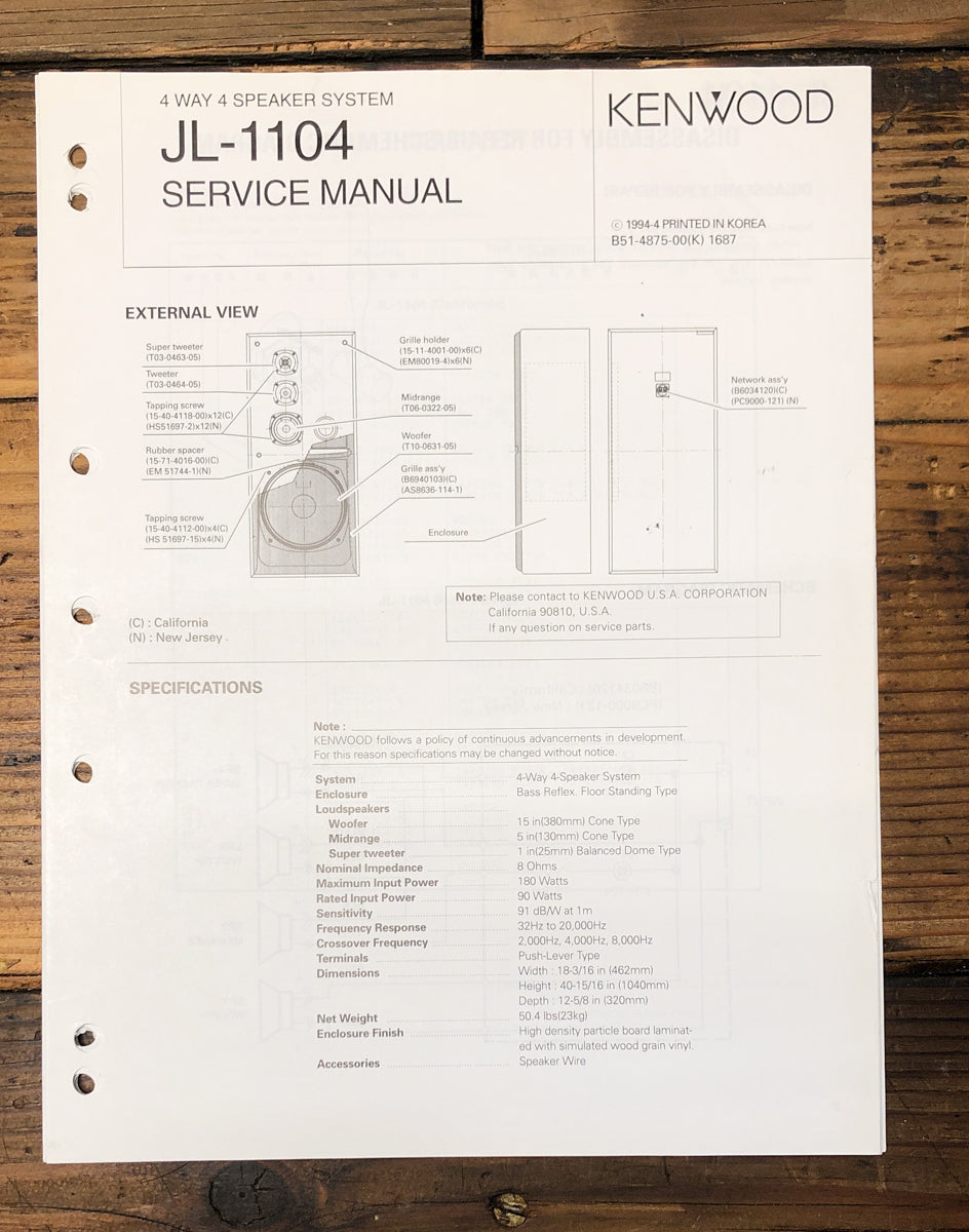 Kenwood JL-1104 Speaker Service Manual *Original*