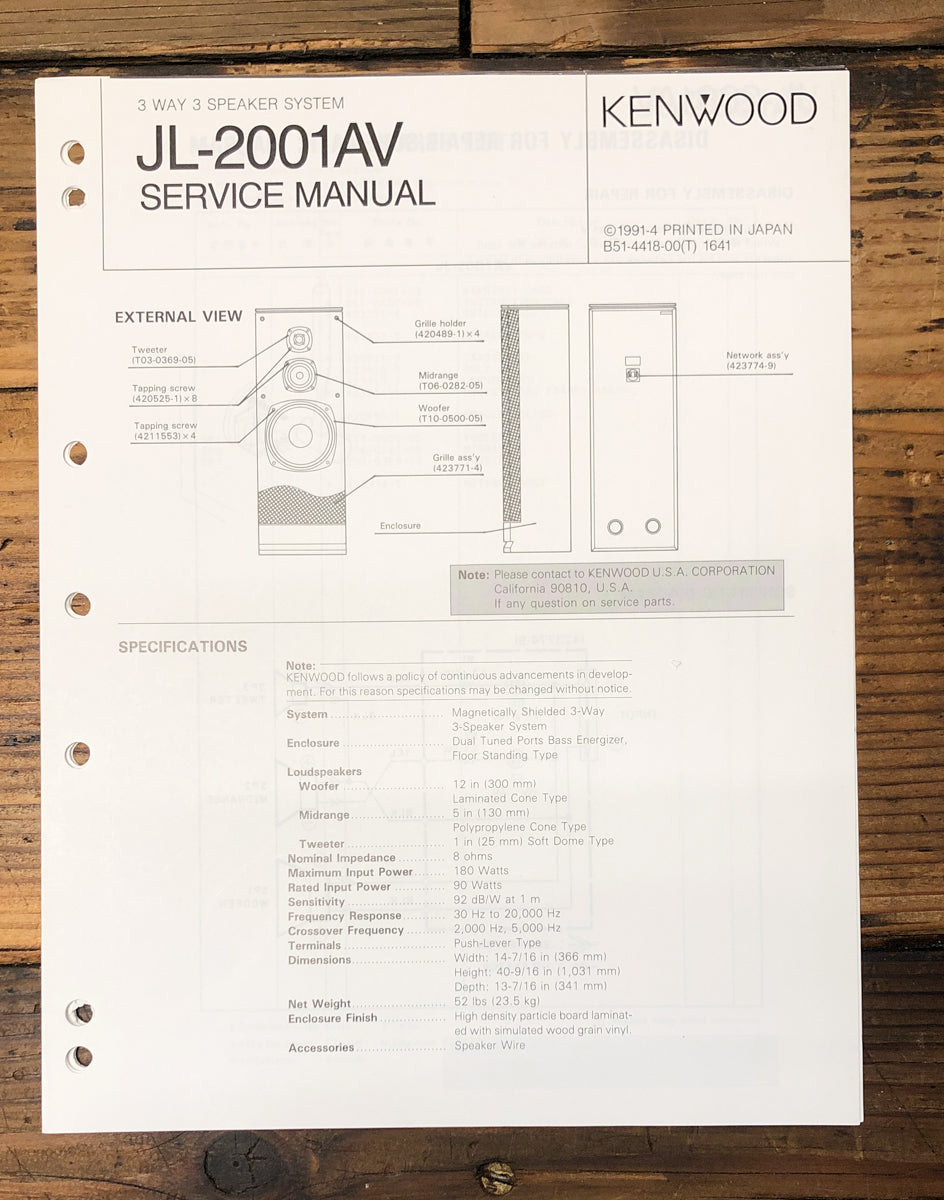 Kenwood JL-2001AV Speaker Service Manual *Original*