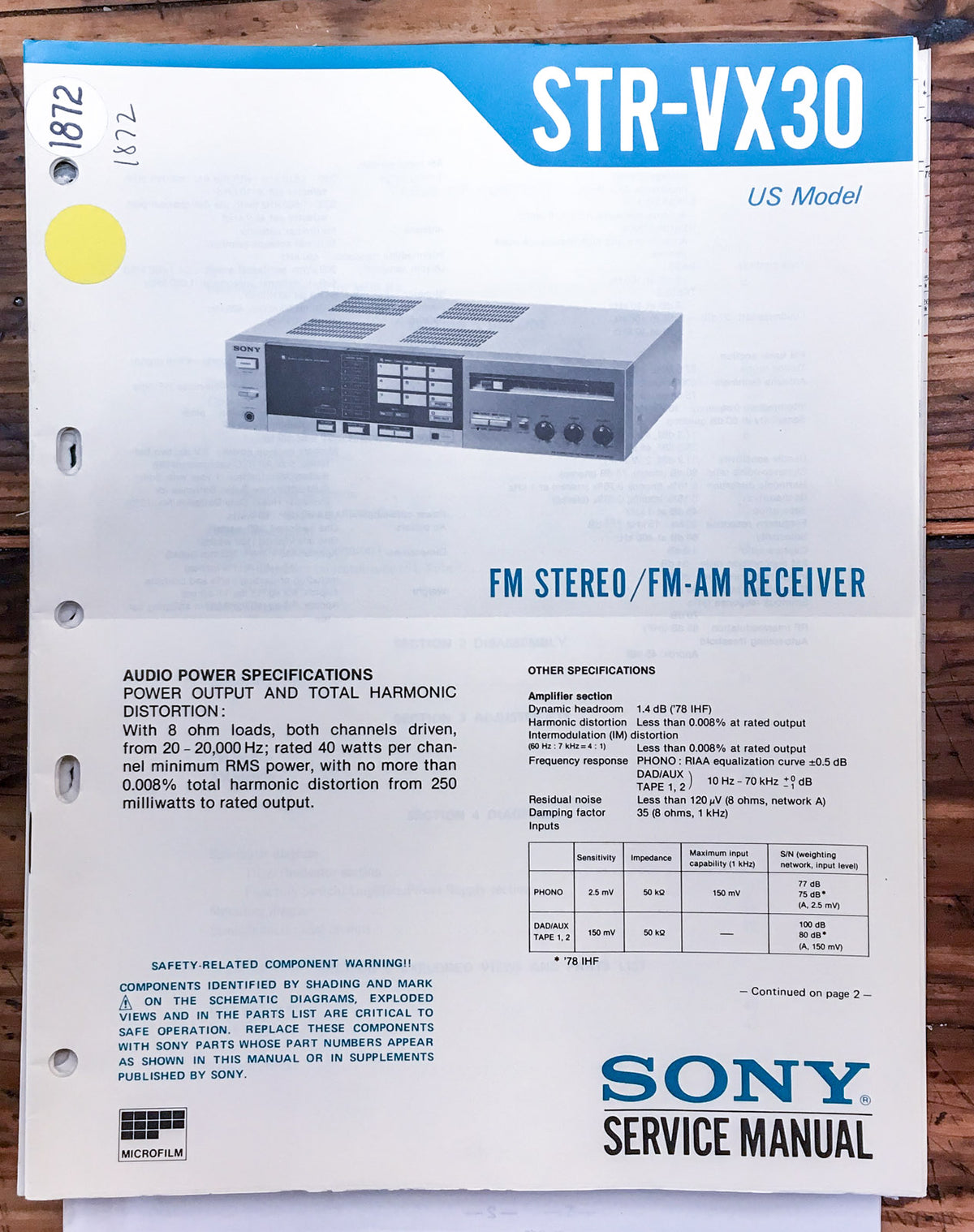 Sony STR-VX30 Receiver Service Manual *Original*