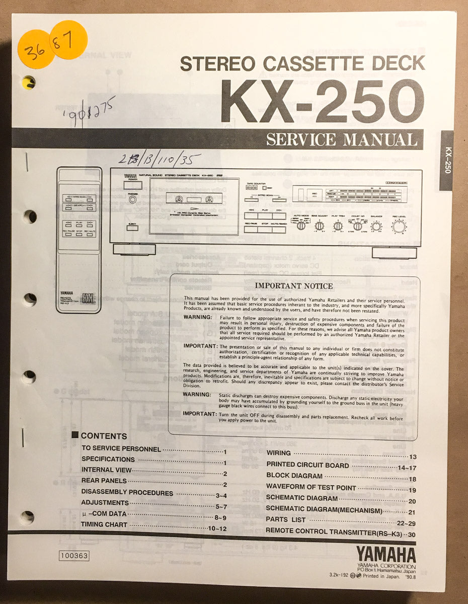 Yamaha KX-250 Cassette Service Manual *Original*