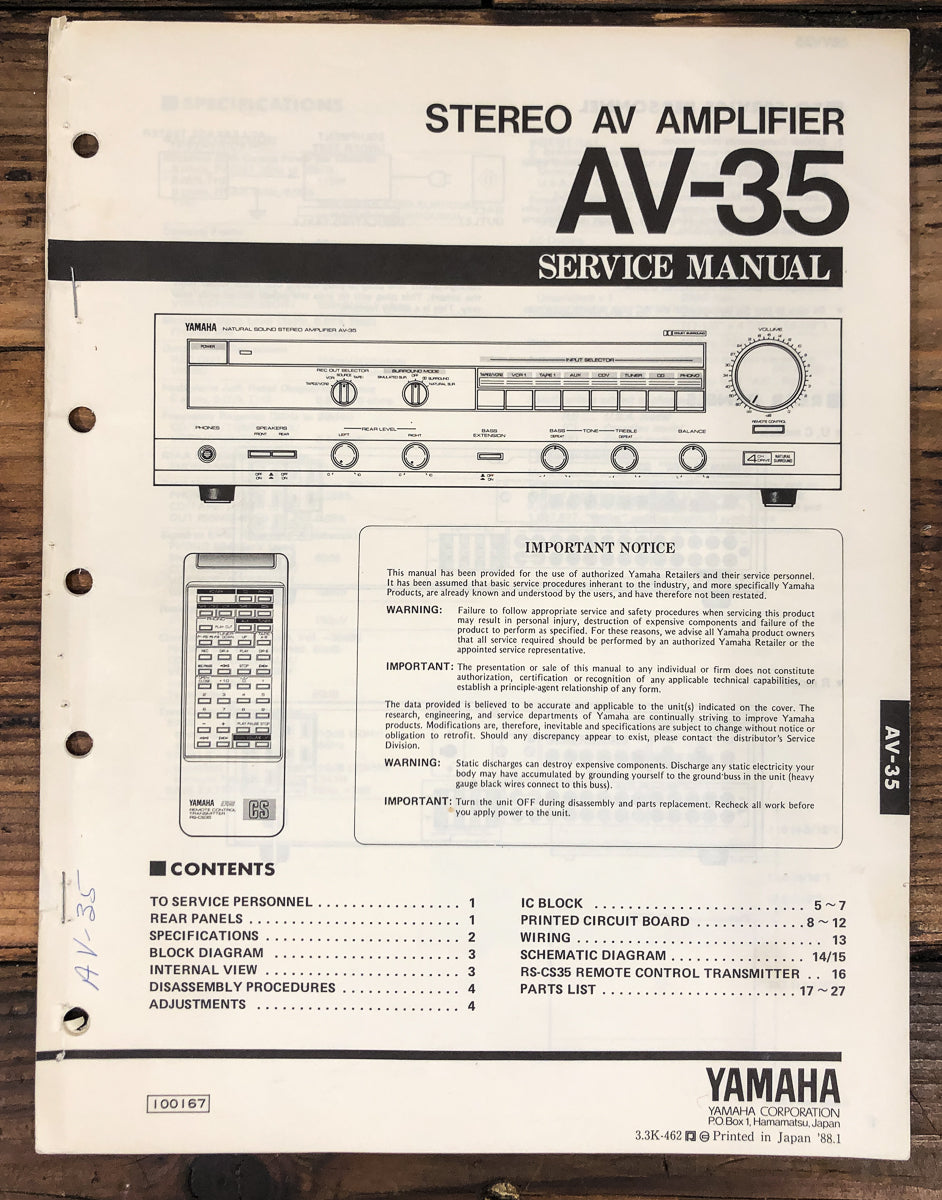 Yamaha AV-35 Amplifier Owners / User Manual *Original*