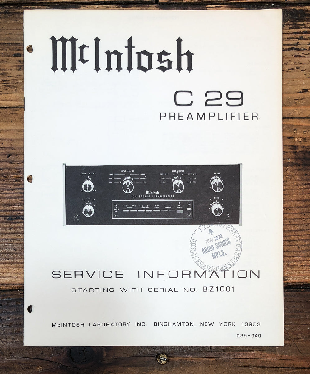 McIntosh C-29 C-29 Preamp / Preamplifier Service Manual *Original*