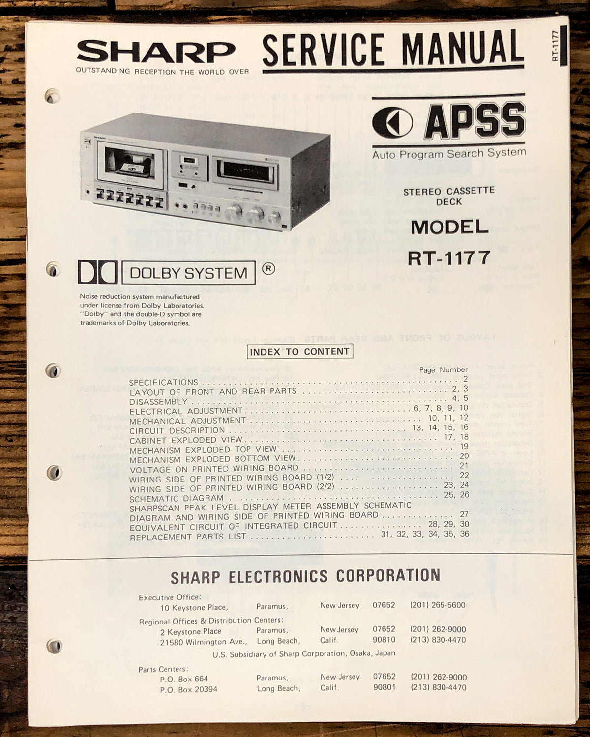 Sharp RT-1177 Cassette Service Manual *Original*