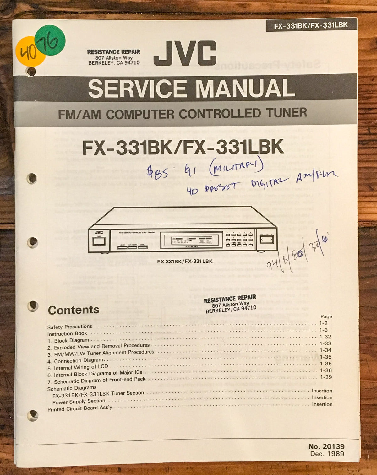 JVC FX-331 FX-331BK LBK Tuner Service Manual *Original*