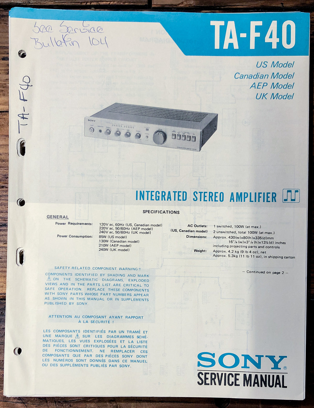 Sony TA-F40 Amplifier Service Manual *Original*