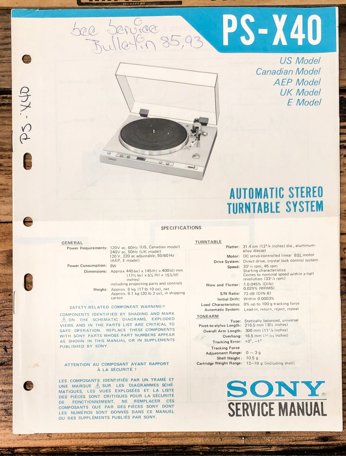 Sony PS-X40 Record Player / Turntable Service Manual *Original*