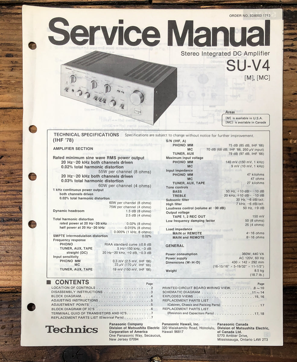 Technics SU-V4 Amplifier Service Manual *Original*