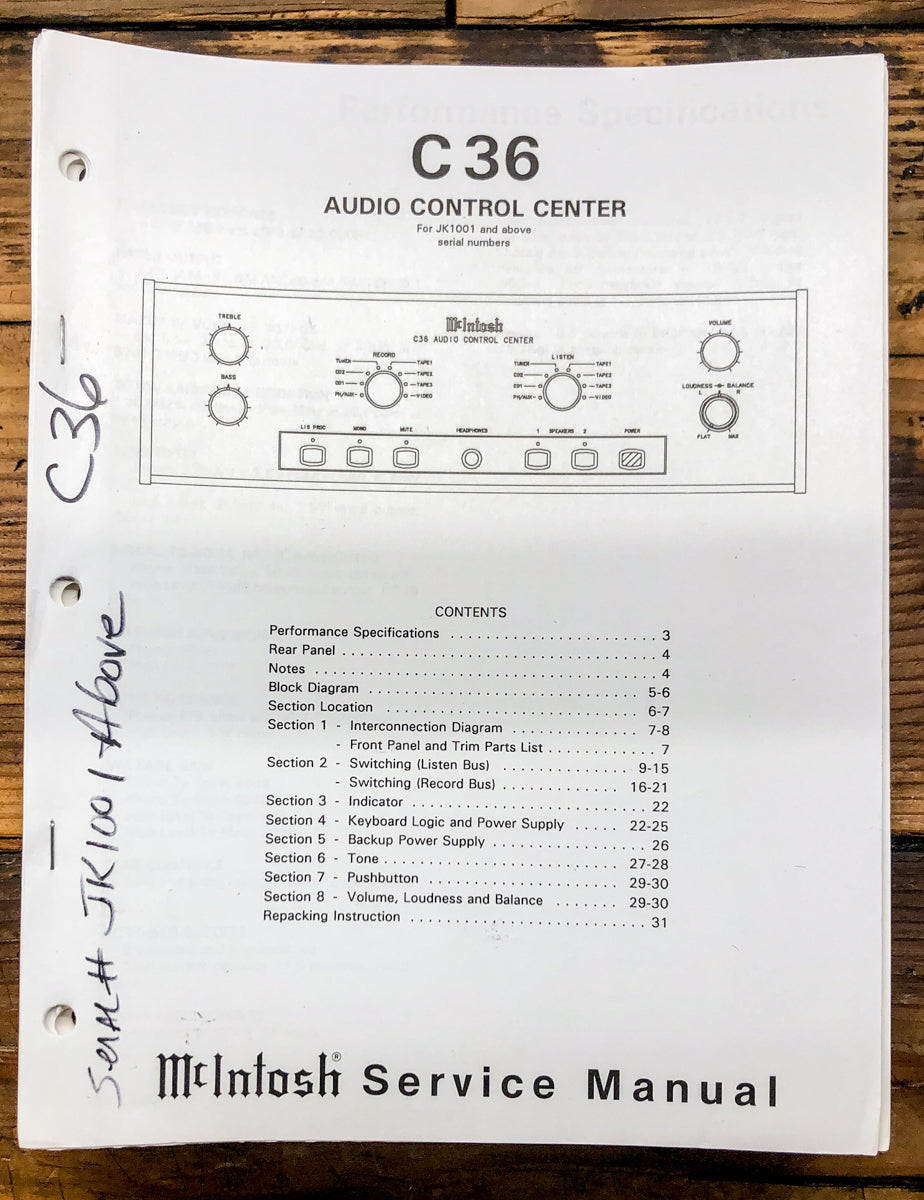 McIntosh C36 C-36 Preamp / Preamplifier Service Manual *Original* #2